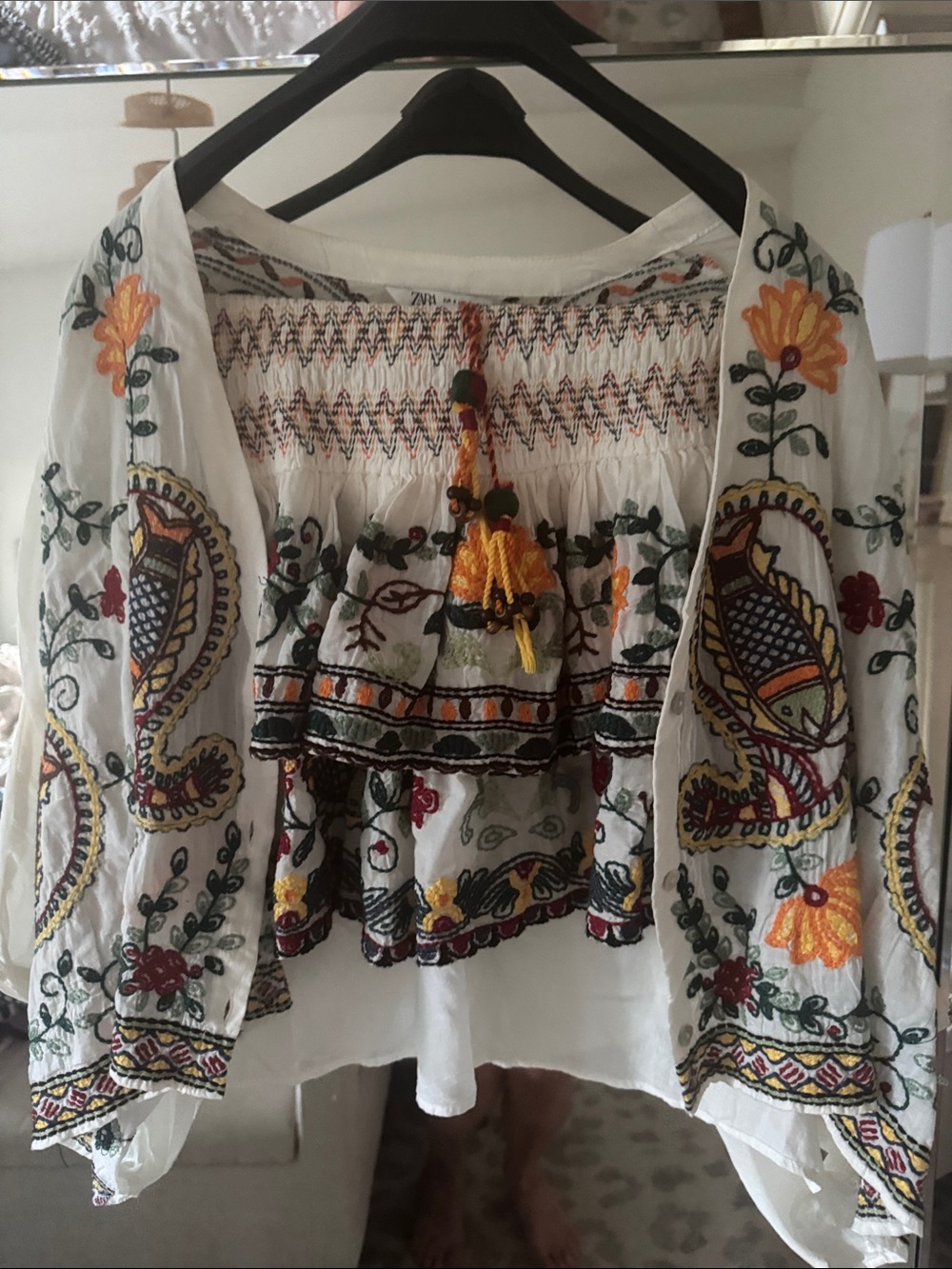 Boho Embroidered White Peasant Top with Multicolor Tassels